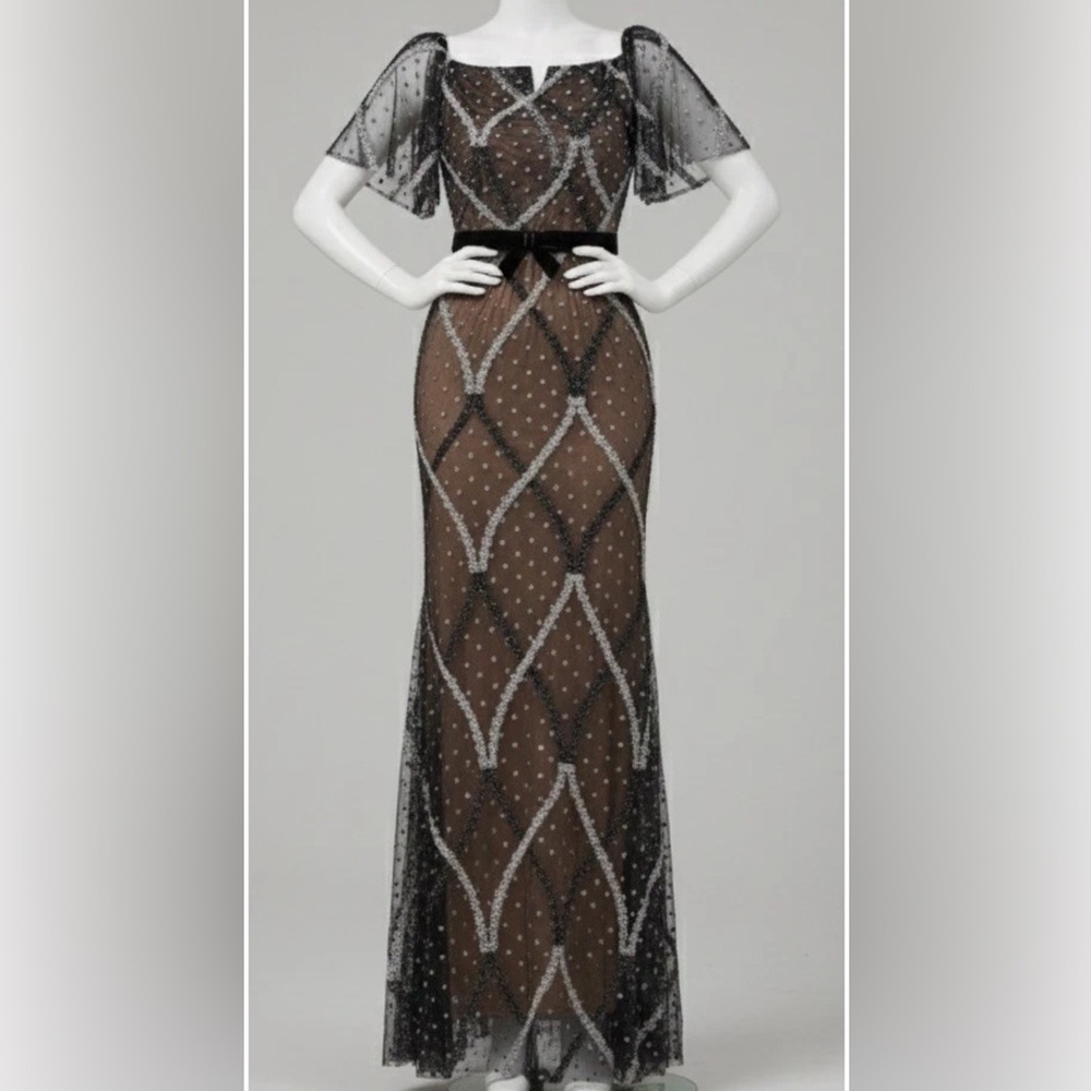 Glam Vintage Sheer Black Beaded Gown Silver Diamond Pattern Mermaid Prom Sz M